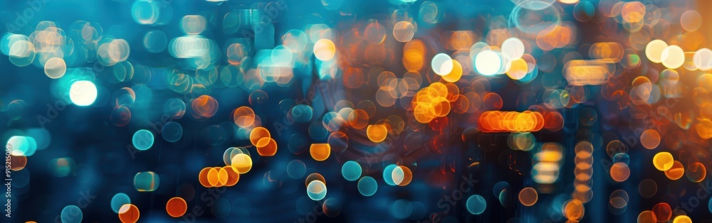 Poster A window pane, blurred by raindrops, shows a colorful display of bokeh lights reflecting from a bustling city at night. The lights are primarily orange and yellow, creating a warm and inviting atmosph