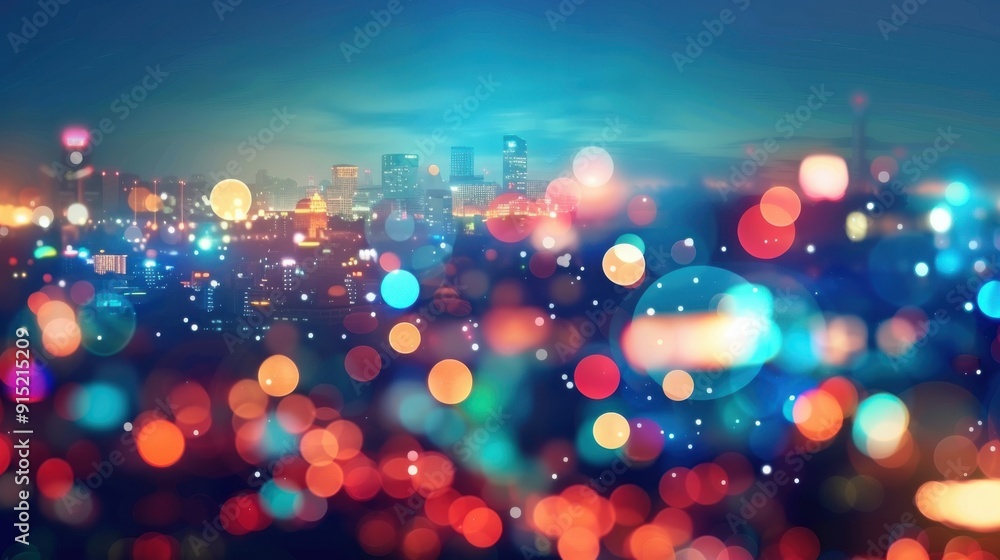 Poster A view of a city at night from above, with the buildings and lights blurred out of focus. The cityscape is in the distance, with the lights creating a colorful and abstract pattern in the foreground.