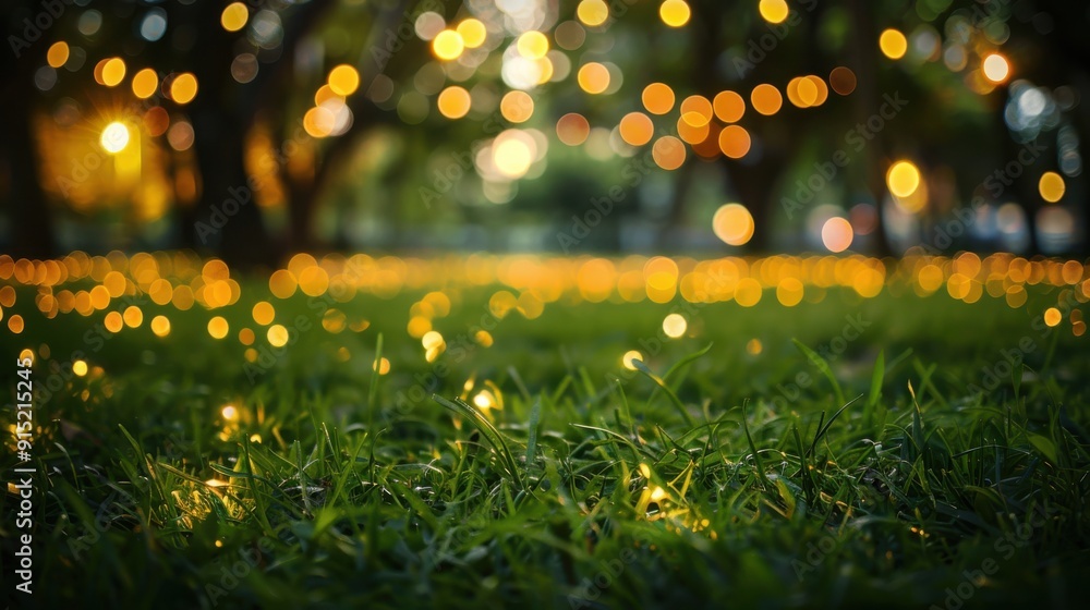 Aufkleber A low-angle shot of a patch of green grass illuminated by string lights at night. The lights are strung throughout the grass, creating a warm, inviting atmosphere. The background is out of focus, show