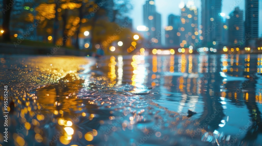 Poster the image shows the surface of wet pavement with ripples of water, reflecting the lights of a city s