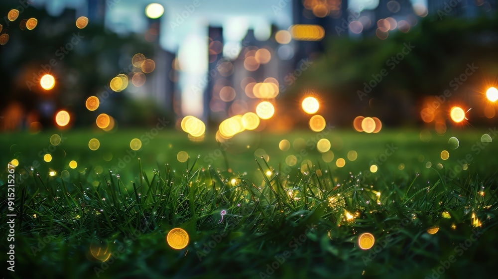 Poster a low-angle shot of lush green grass with dew drops, illuminated by the out-of-focus glow of city li