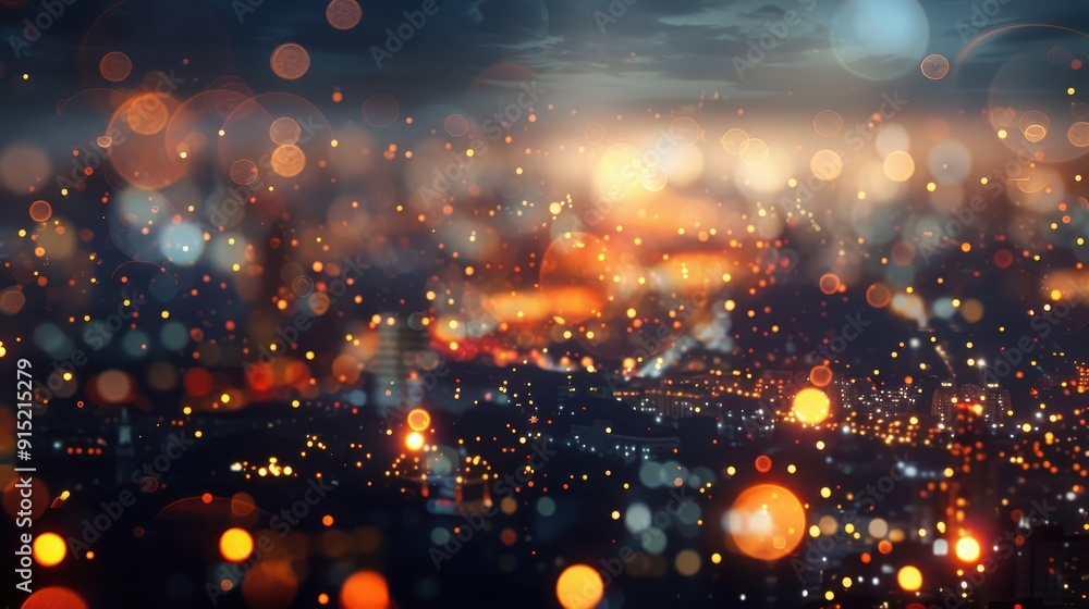 Poster the image shows a blurry view of a city at night. the lights of the city are out of focus, creating 