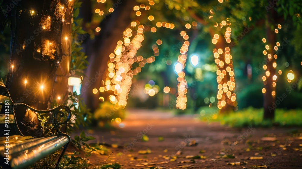 Aufkleber A nighttime shot of a park bench with string lights strung on the nearby trees. The lights create a warm, inviting glow, and the bench sits on a path lined with fallen leaves. The background is blurre
