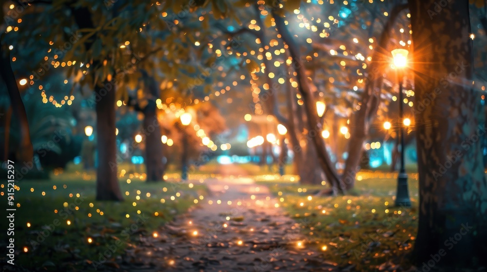 Aufkleber A dimly lit pathway winds through a park at night, lined with trees draped in string lights. The soft glow of the lights creates a warm and inviting ambiance, highlighting the path and casting a magic