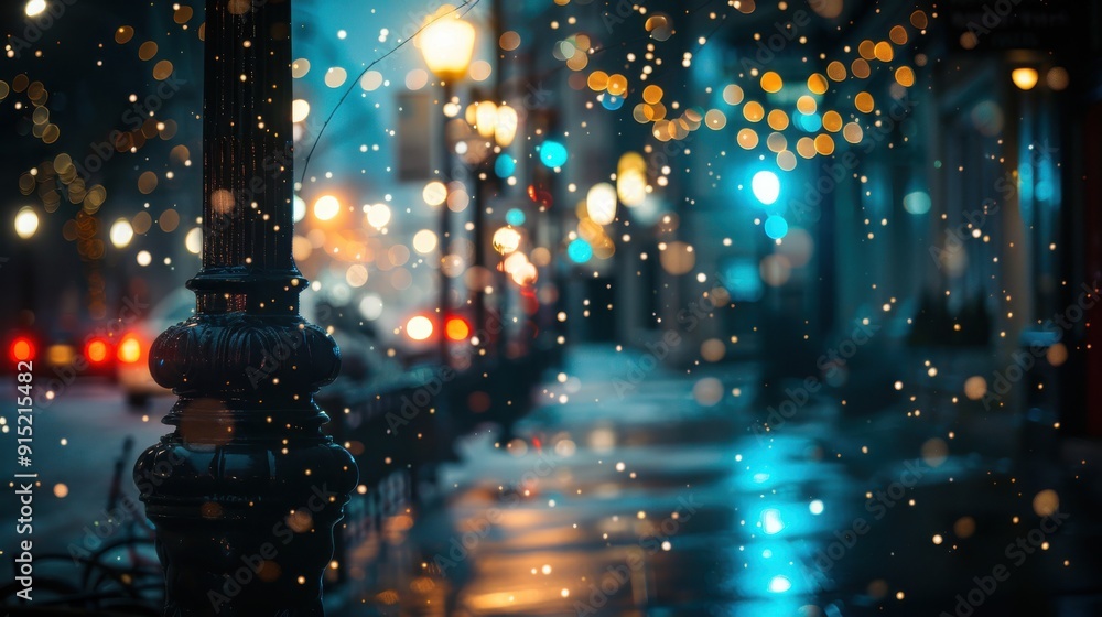 Poster a snowy night scene with street lights illuminating the wet pavement and creating a beautiful, blurr