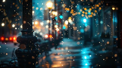 A snowy night scene with street lights illuminating the wet pavement and creating a beautiful, blurry bokeh effect.