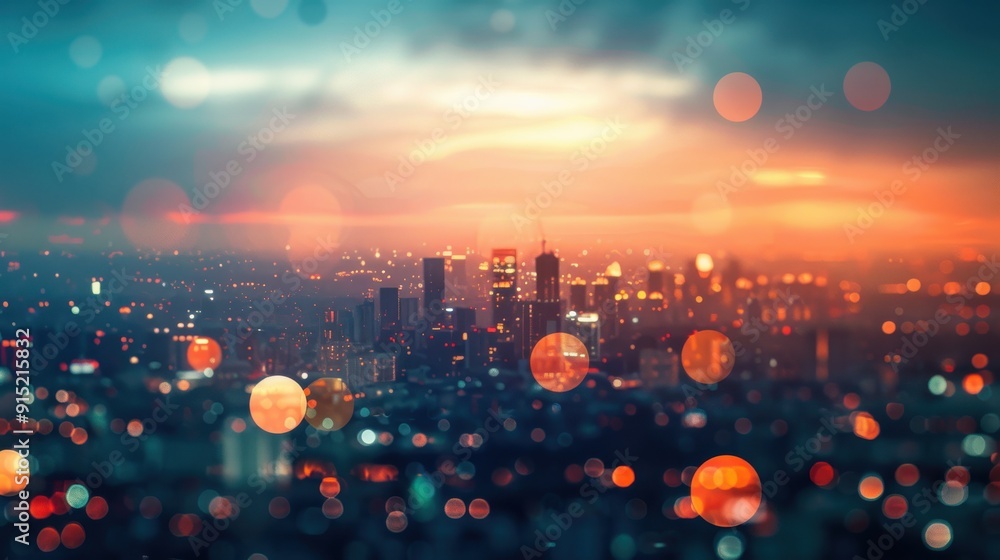 Poster a blurred image of a city skyline at sunset, with the setting sun casting a warm orange glow over th