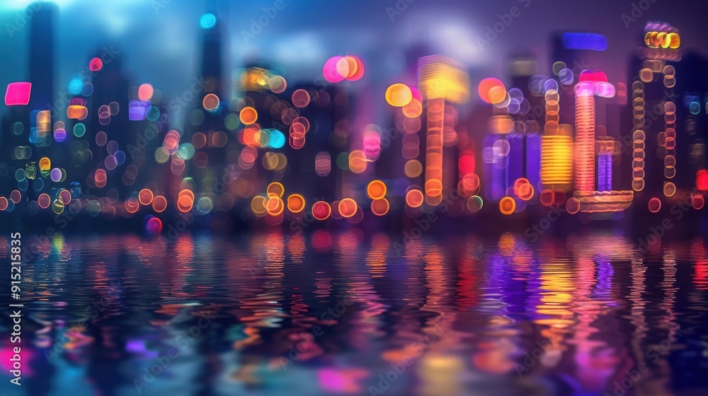 Poster a blurred image of a city skyline at night. the buildings are lit up with colorful lights, and their