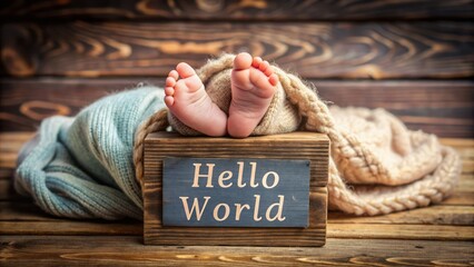 Adorable tiny legs of a newborn baby resting on a rustic wooden board with a welcoming 'Hello World' message.