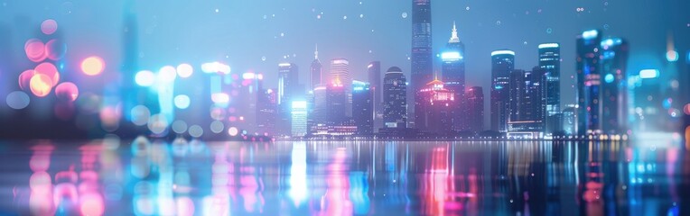 The image showcases a breathtaking view of a modern city skyline at night. The city's skyscrapers are illuminated with colorful lights, casting reflections on the calm water below. The sky is a soft b