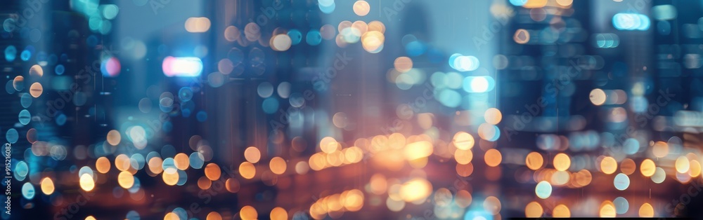 Poster the image shows a blurred view of a city at night, with bright lights from buildings and vehicles fo