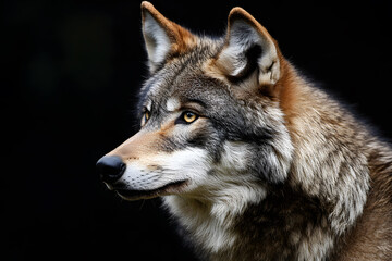 Naklejka premium Portrait of adult wolf on black background
