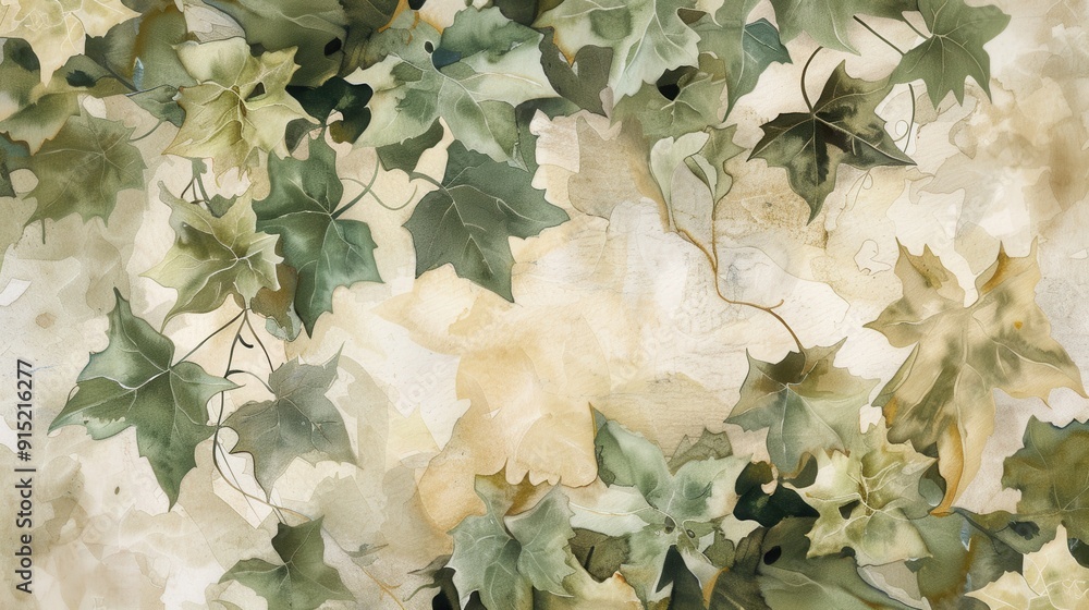 Aufkleber a close-up watercolor painting featuring a cluster of green maple leaves arranged in front of a ligh