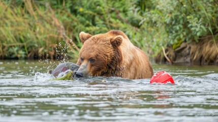 Brown bear catching salmon in river.