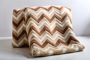 Cozy throw blanket featuring a soft blend of cotton and acrylic yarn in a neutral, earthy-toned chevron pattern.
