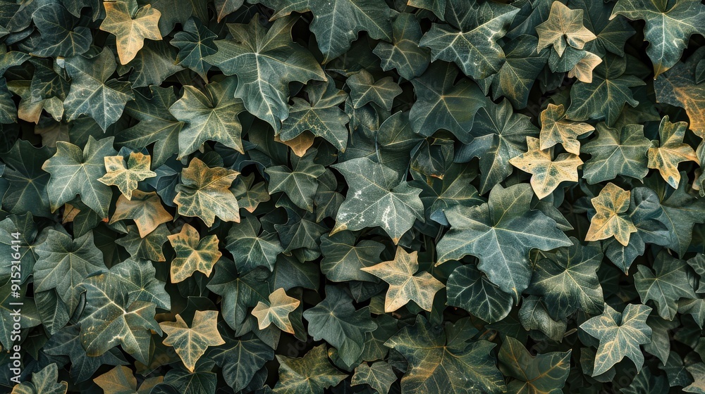 Poster A close-up shot of a dense patch of ivy leaves, mostly green but with some yellowing at the edges, indicating a change in season.