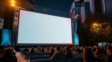 empty white poster on a festival stage backdrop, perfect for event schedules, sponsor advertisements, or artistic displays, combining the excitement of festivals with functional design