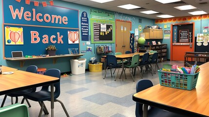 Bulletin board filled with "Welcome Back" messages and student artwork, creating a warm and inviting atmosphere in the classroom
