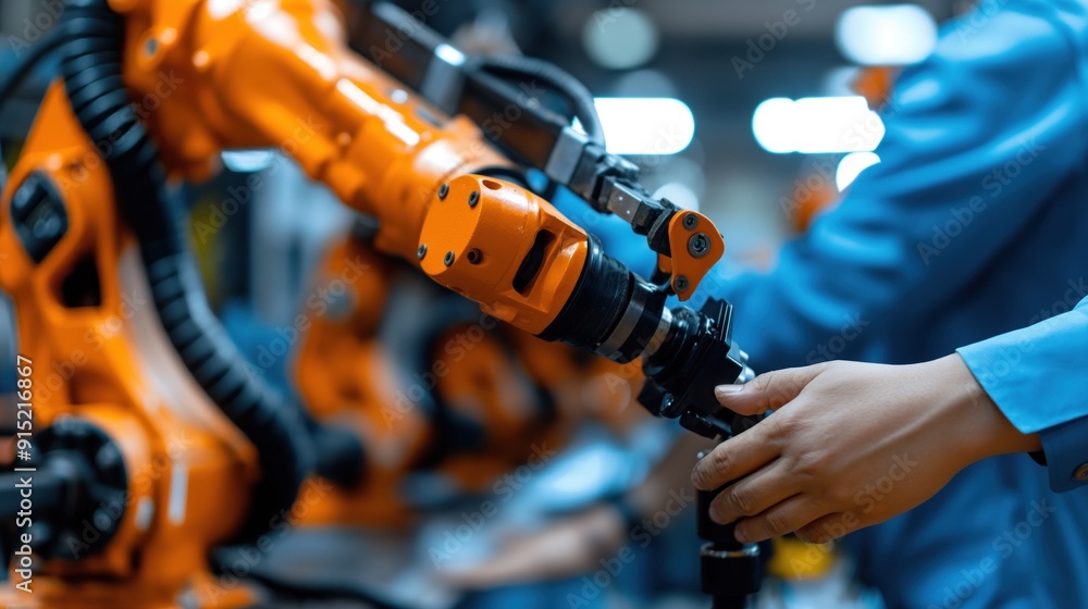 Poster a technician interacts with an orange robotic arm while assembling intricate parts in a modern manuf