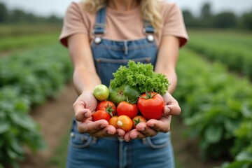 Woman holding a basket of vegetables. Generative AI