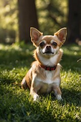 A small brown and white dog is laying on the grass