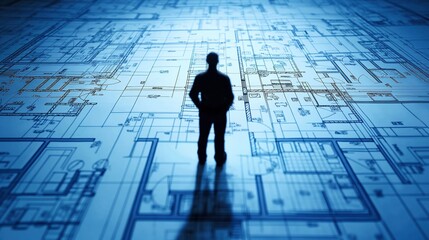A professional stands contemplatively over intricate blueprints, evaluating designs and planning future architectural projects in a well-lit office environment