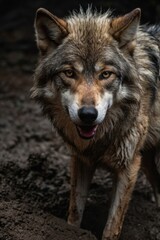 Fototapeta premium A wolf is standing in the dirt with its mouth open and tongue hanging out