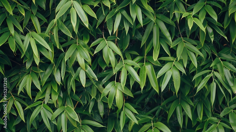 Poster a close-up photograph showcasing the vibrant green leaves of a bamboo plant in a garden setting. the