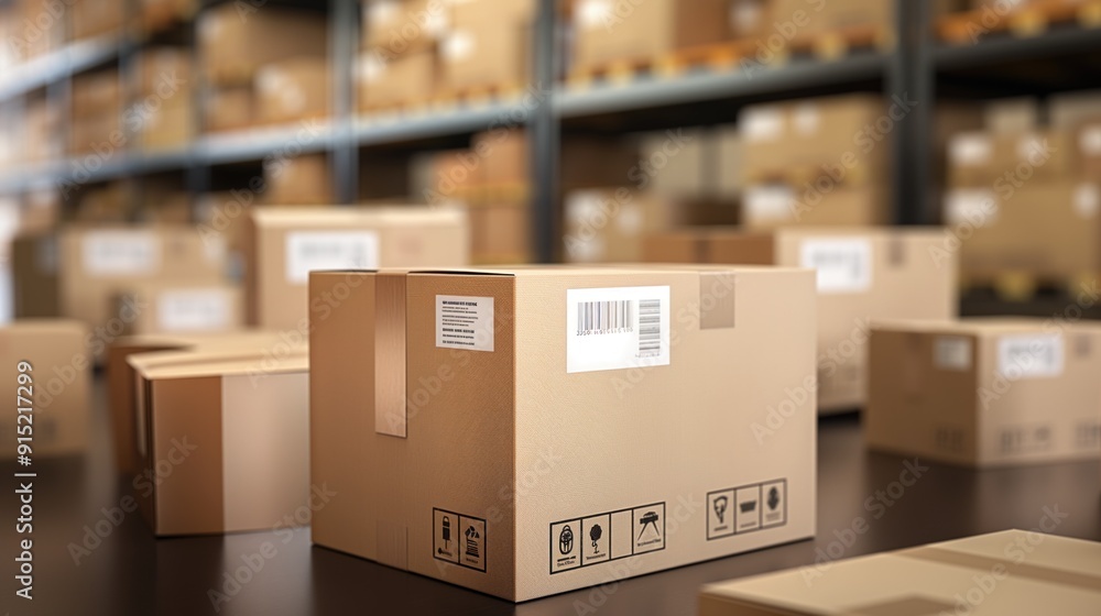 Poster numerous cardboard boxes are arranged on a warehouse shelf, showcasing different sizes and labels in