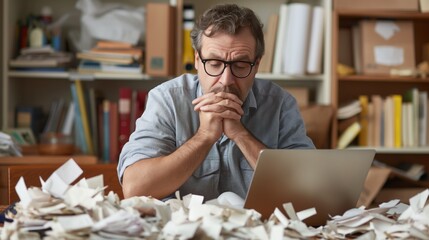 A man sits thoughtfully at a laptop, hands clasped, surrounded by piles of disorganized papers in his cluttered workspace