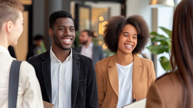 Two young professionals engage in conversation, smiling and sharing ideas during a vibrant networking event in a contemporary office setting
