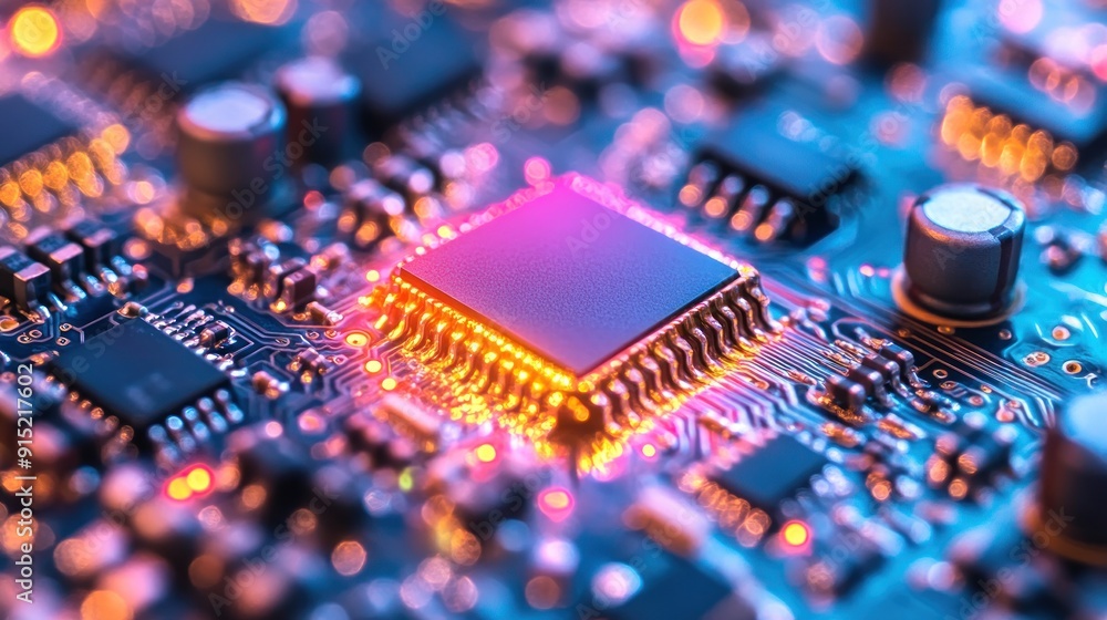 Poster closeup of a microchip on a circuit board
