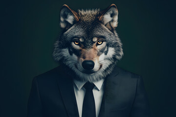 Close up portrait of business wolf wearing a suit and tie 