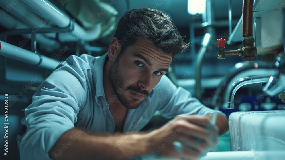 Poster plumber fixing a sink in a home, emphasizing practical skills and problem-solving