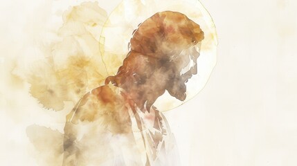 Watercolor Biblical Illustration of Jesus with a Halo, Divinity and Faith, Beige Background, copyspace