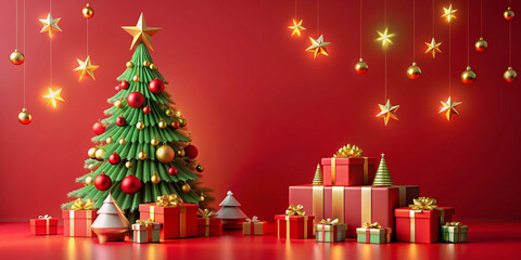 Happy New Year background with 3d decorative christmas tree, gifts on red background. Xmas decoration for greeting card or web banner