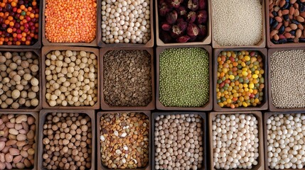 Colorful assortment of dried legumes and grains arranged in wooden trays at a bustling marketplace, showcasing the diversity of natural foods available for purchase