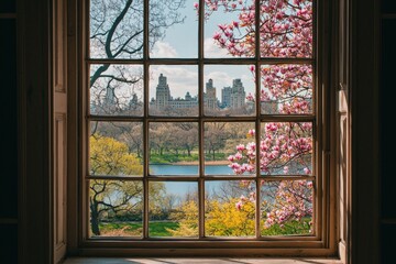 A window in an artist's loft, overlooking a city park in full bloom. 