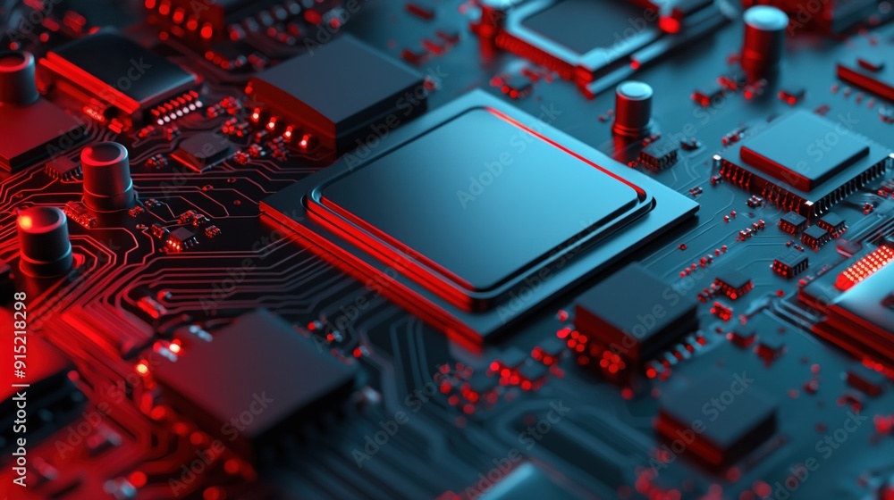Poster a detailed view of a microprocessor on a circuit board, showcasing intricate components illuminated 