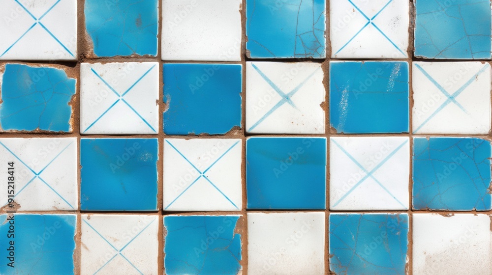 Aufkleber a captivating display of weathered blue and white tiles features a unique geometric pattern, showcas