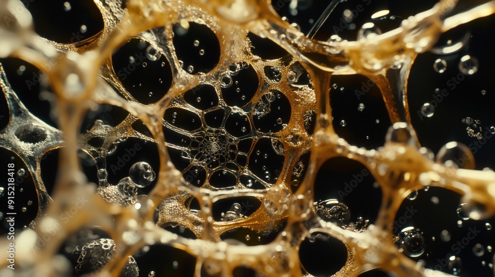 Poster delicate bubbles and foam form a complex network that contrasts vividly against a dark backdrop, sho