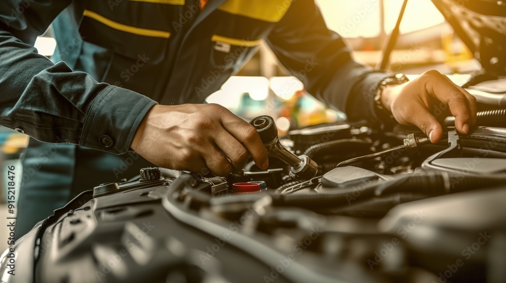 Poster a mechanic checks the fluid level in a car engine with a dipstick while working on the vehicle