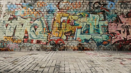 Fototapeta premium A colorful and vibrant brick wall with extensive graffiti artwork