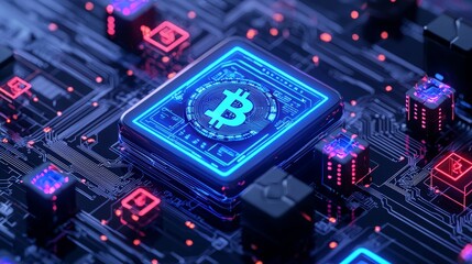 High-Resolution Digital Circuit Board Featuring Bitcoin Symbol, Representing Cryptocurrency Technology