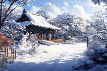 Fototapeta premium Animated-Style Snowy Sanctuary Offering Comfort and Peace Amidst a Winter Wonderland