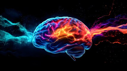 A human brain with colorful lightning and energy flowing through it, set against a dark background