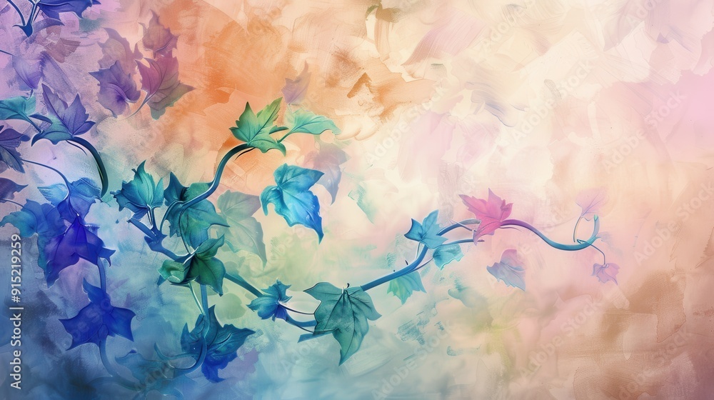 Poster a watercolor painting features a vine of blue and green leaves on a light, pastel background. the vi