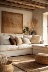 Fototapeta premium Cozy Rustic Living Room with Natural Decor and Comfortable White Sofa in Sunlit Interior
