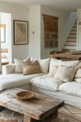 Fototapeta premium Cozy Modern Living Room with Rustic Wooden Furniture and Neutral Decor in Sunlit Home