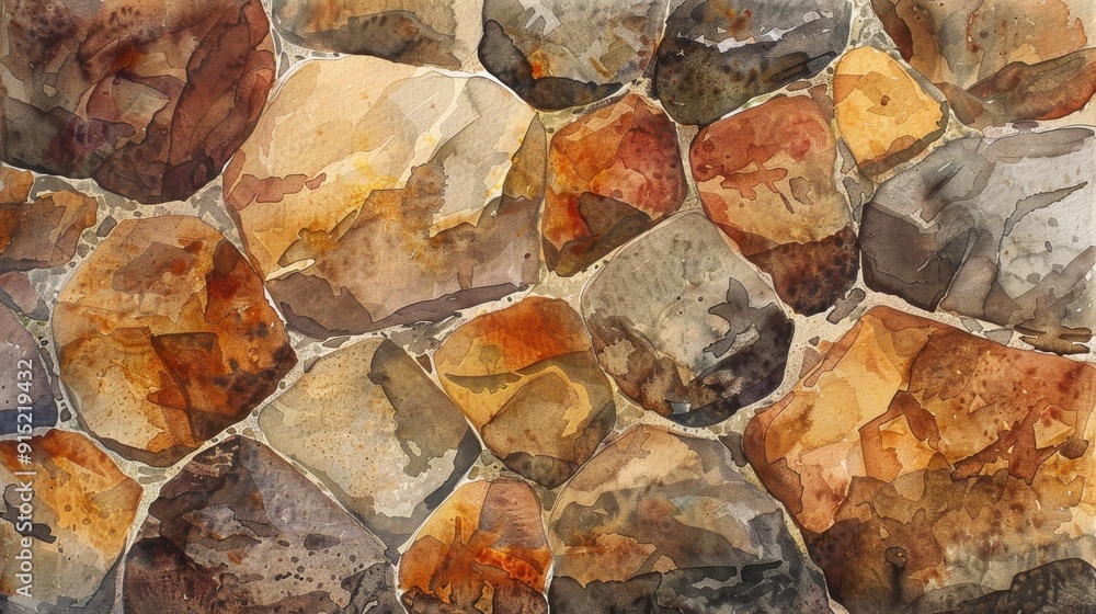 Poster a close-up watercolor painting of a group of rounded stones, painted in shades of brown, orange, and